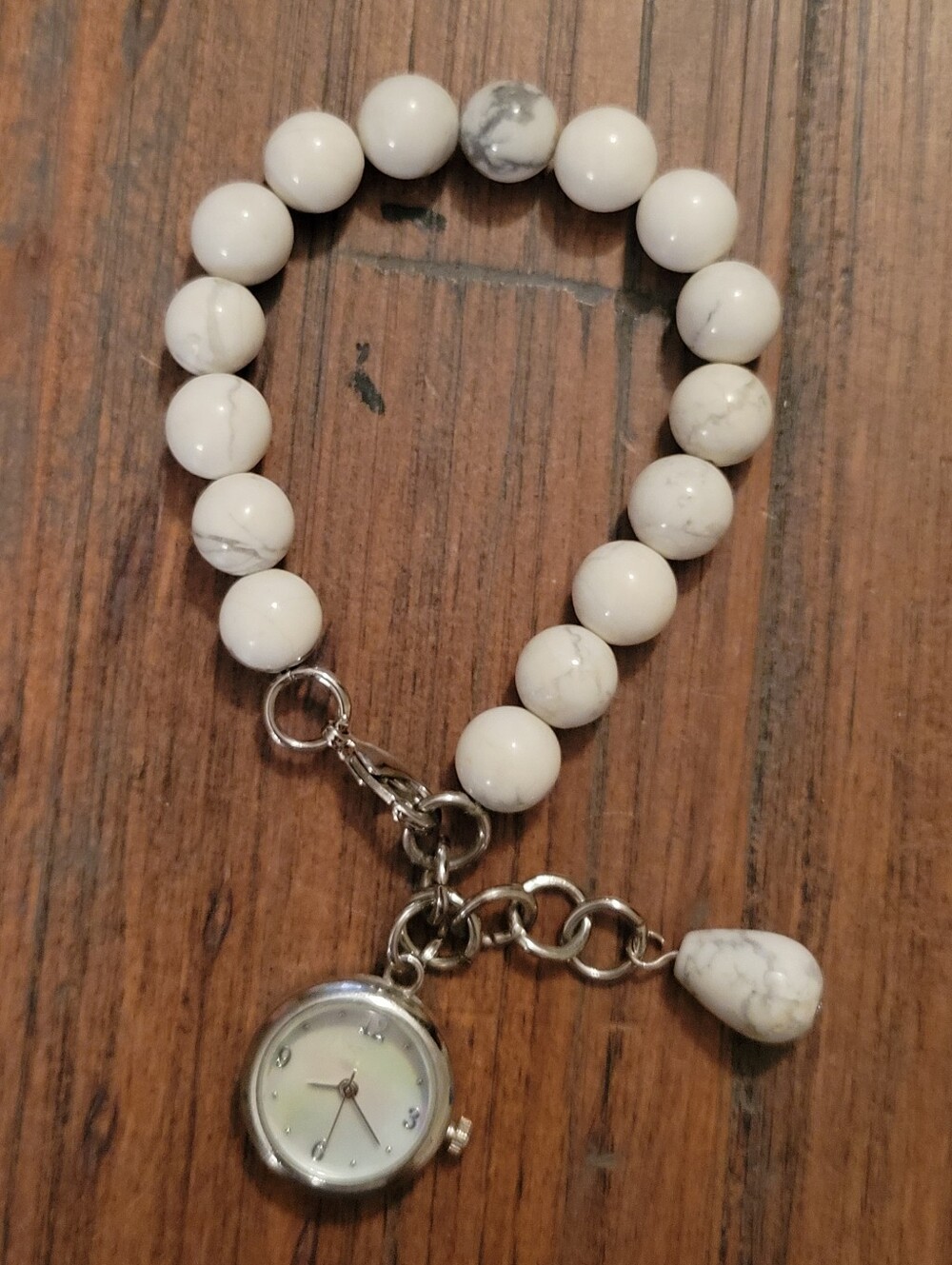 White Howlite Beaded Bracelet With Watch Charm